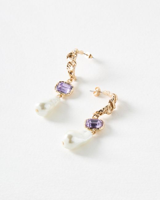Oliver Bonas White Sorrell Purple Stone & Faux Pearl Drop Earrings
