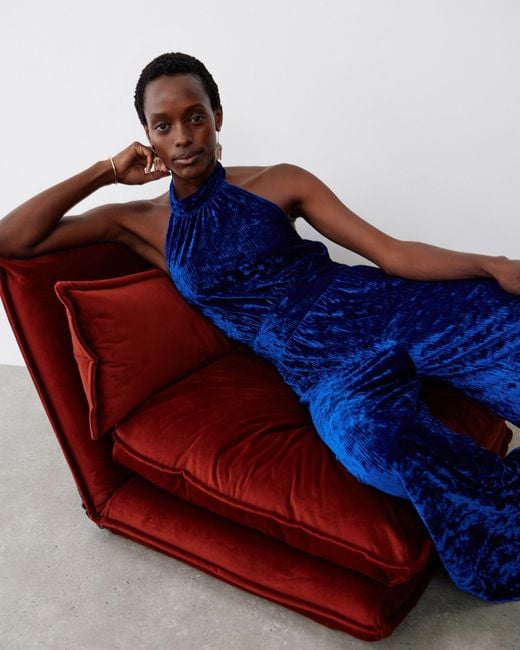 Oliver Bonas Crinkle Velvet Halter Neck Jumpsuit Size 18 in Blue