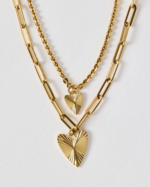 Oliver Bonas Metallic Melony Tone Waterproof Double Row Etched Heart Pendant Necklace