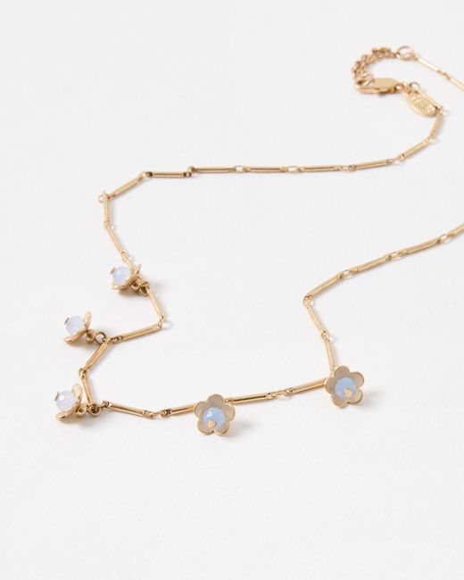 Oliver Bonas Natural Odelia Brass Flower & Blue Bead Collar Necklace
