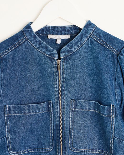Oliver Bonas Blue Denim Collarless Zip Front Mini Dress, Size 10