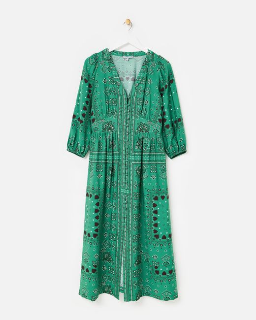 Oliver Bonas Green Paisley Bandana Print V-neck Midi Dress, Size 6