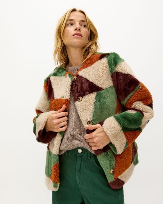 Oliver Bonas Green Coloured Geometric Patchwork Faux Fur Coat, Size 6