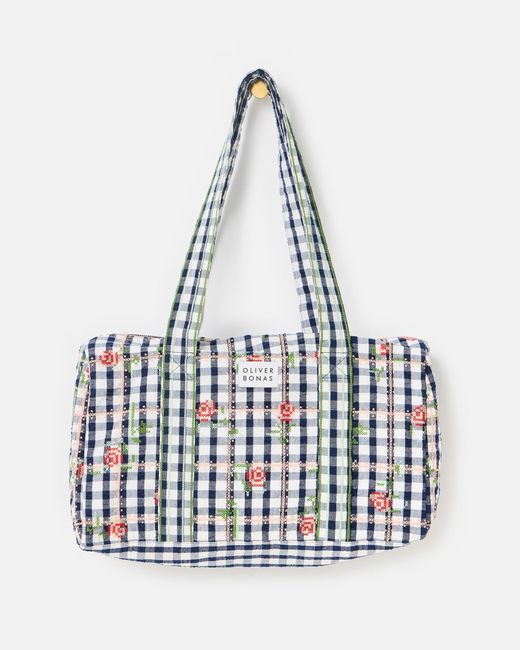 Oliver Bonas White Gingham Rose Embroidered Quilted Bag