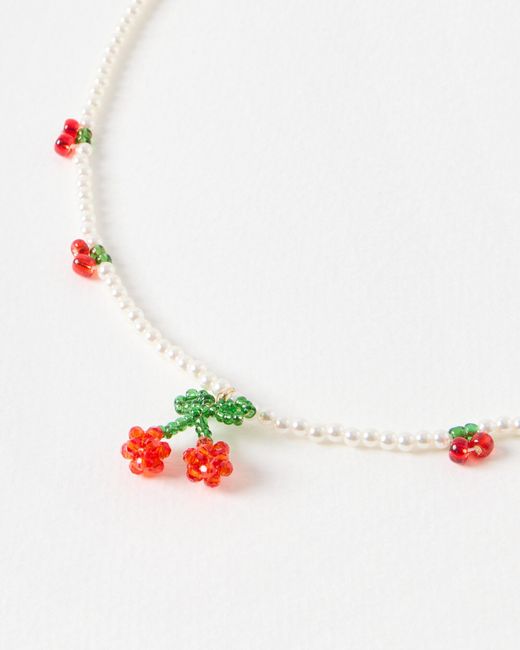 Oliver Bonas White Riley Beaded Cherry Charm Necklace