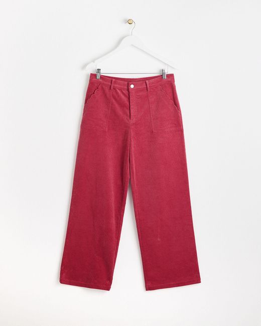 Oliver Bonas Red Wide Leg Scalloped Pocket Rose Corduroy Trousers, Size 18