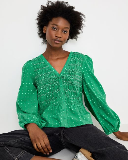 Oliver Bonas Green Dobby V-neck Shirred Peplum Top, Size 12