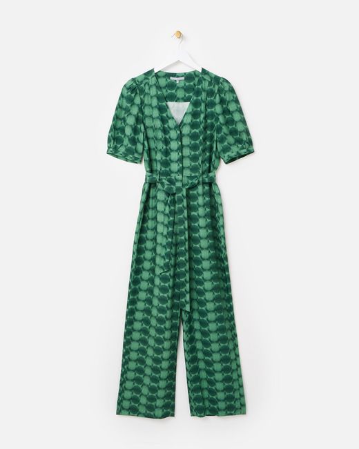 Oliver Bonas Green Geometric Circle V-neck Tie Waist Jumpsuit, Size 6