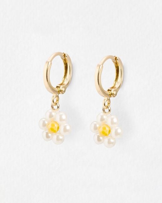 Oliver Bonas White Rosaria Beaded Faux Pearl Flower Drop Huggie Earrings