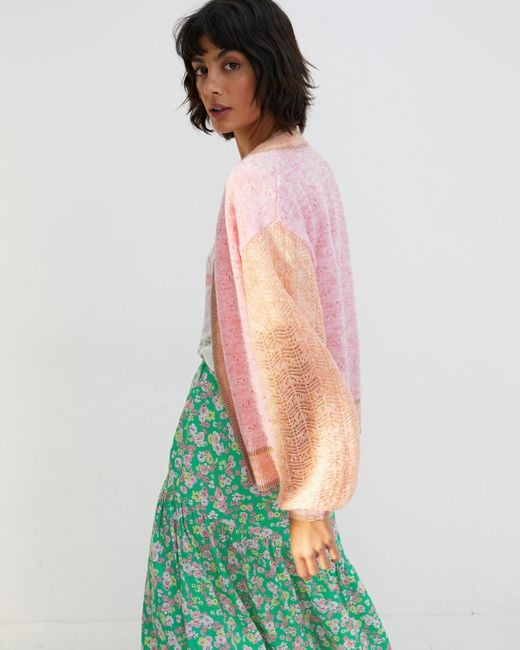 Oliver Bonas Green Pointelle Pink & Orange Knitted Cardigan, Size 18