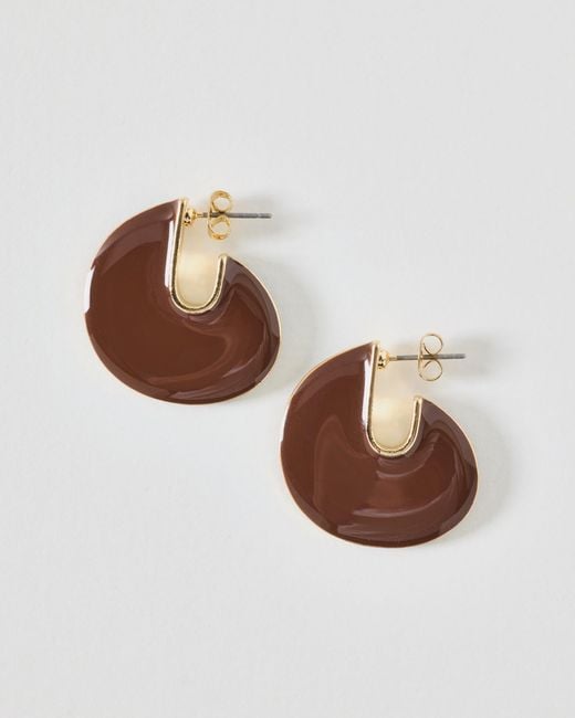 Oliver Bonas Brown Pauline Enamel Disc Hoop Earrings