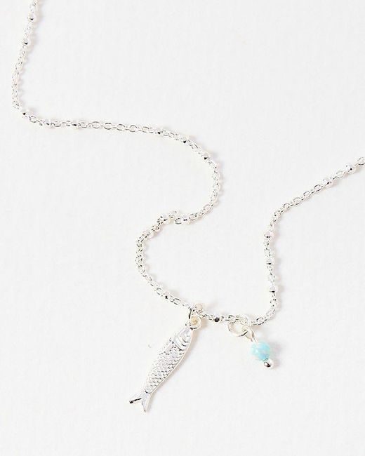 Oliver Bonas White Dylin Fish Charm Opalite Silver Pendant Necklace