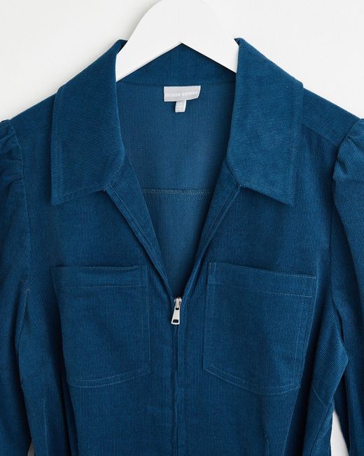 Oliver Bonas Blue Teal Corduroy Puff Sleeve Jumpsuit, Size 18
