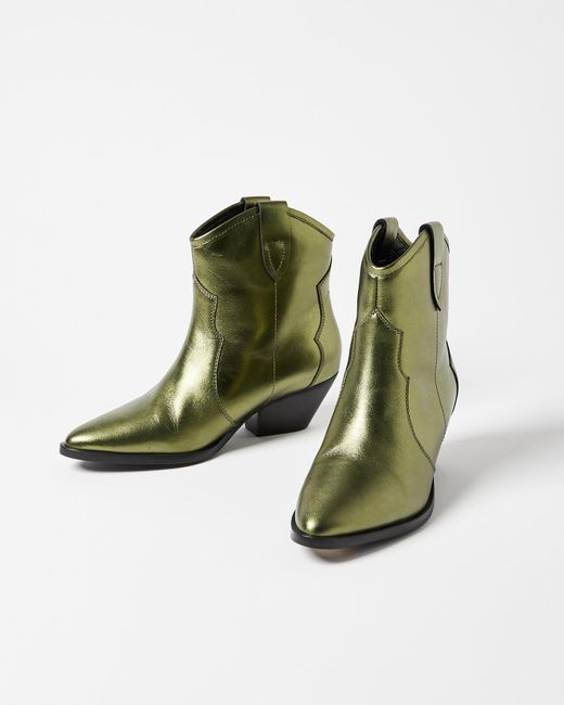 Oliver Bonas Metallic Green Leather Cowboy Boots, Size Uk 3