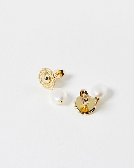 Oliver Bonas White Patsy Flower Disc & Freshwater Pearl Drop Earrings