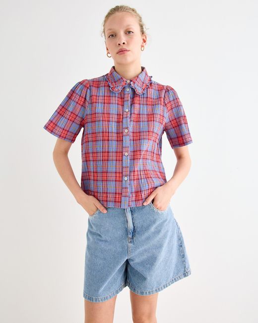 Oliver Bonas Blue & Red Checked Frill Collar Blouse, Size 10