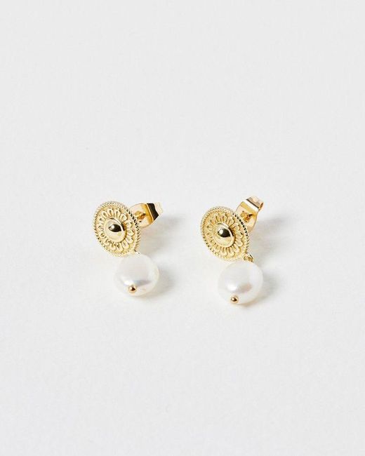 Oliver Bonas White Patsy Flower Disk & Freshwater Pearl Gold Plated Drop Earrings