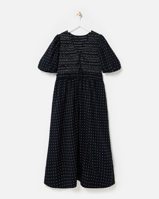 Oliver Bonas Blue & White Polka Dot Tie Front Puff Sleeve Midi Dress, Size 6