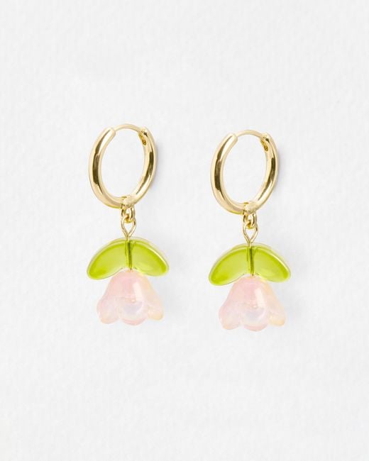 Oliver Bonas Green Rue Pink Tulip Flower Drop Hoop Earrings