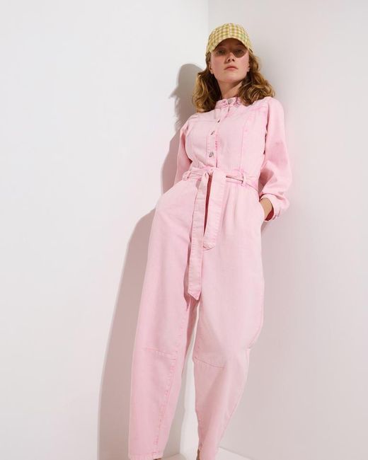 Oliver Bonas Pink Washed Button Up Denim Jumpsuit