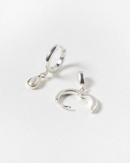 Oliver Bonas White Auden Tiny Teardrop Freshwater Pearl & Silver Huggie Earrings