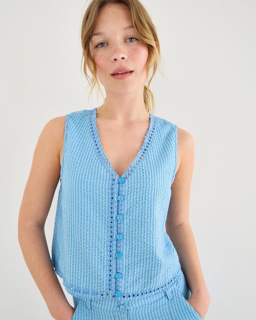 Oliver Bonas Blue Striped Embroidered V-neck Cotton Waistcoat, Size 14