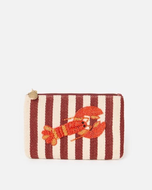 Oliver Bonas Red Cream & Brown Striped Beaded Lobster Zipped Pouch