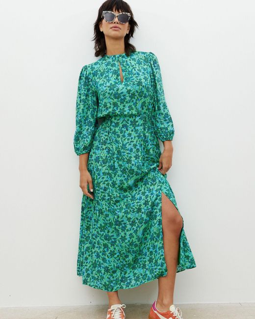 Oliver Bonas Green Tranquil Floral & Blue Midi Dress, Size 6