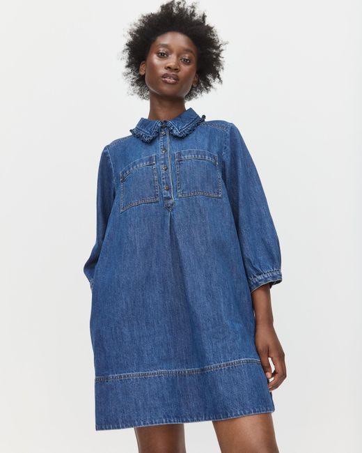 Oliver Bonas Blue Dark Denim Frill Collar Cotton Mini Dress, Size 18