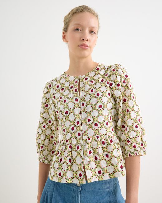 Oliver Bonas Brown Ecru Strawberry Peplum Blouse, Size 10