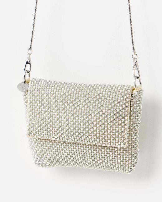 Oliver Bonas White Jodie Silver Gem & Pearl Chain Mail Clutch Bag