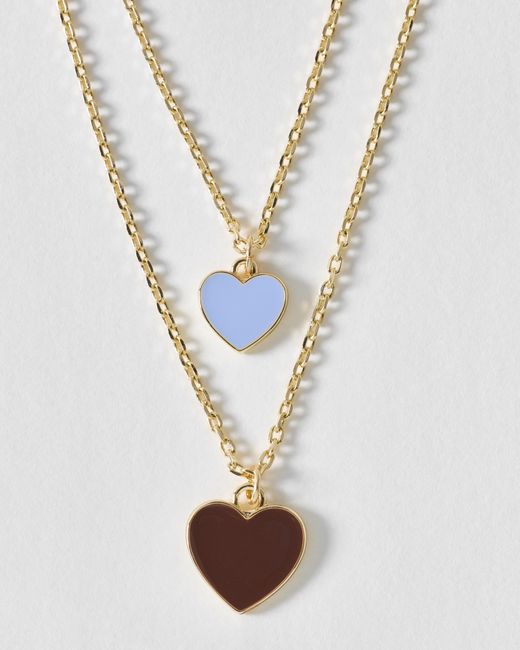 Oliver Bonas White Cove Blue & Brown Double Heart Pendant Double Row Necklace