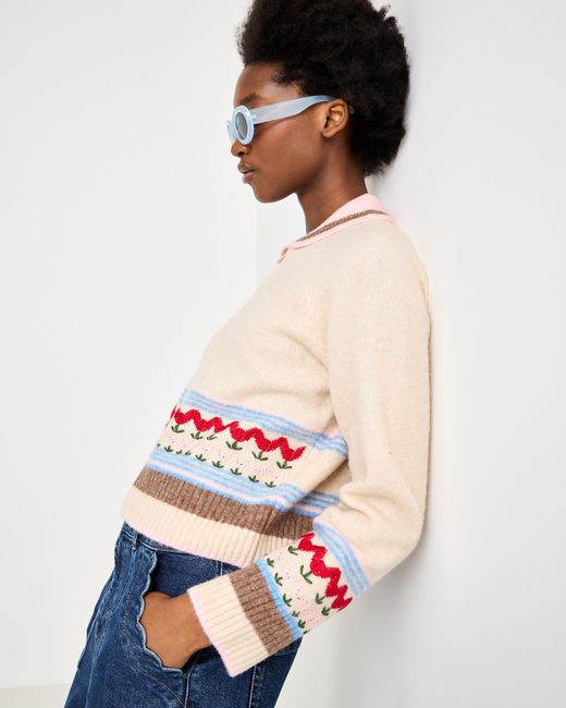 Oliver Bonas White Cream Tulip Zip Up Collared Knitted Cardigan, Size 10