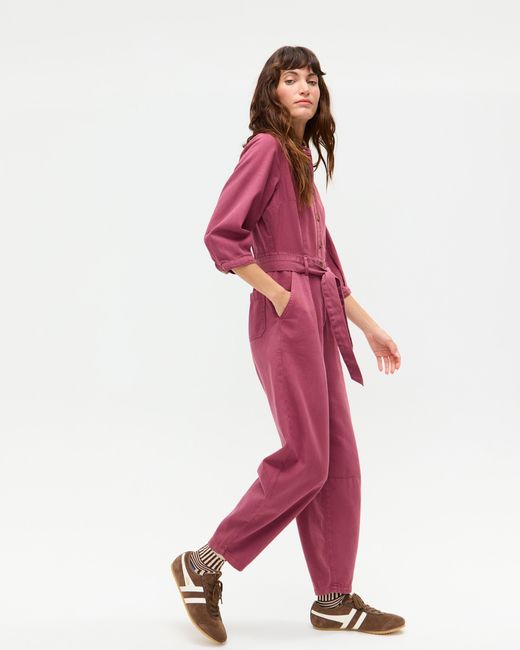Oliver Bonas Red Grape Button Up Tie Waist Denim Jumpsuit, Size 6