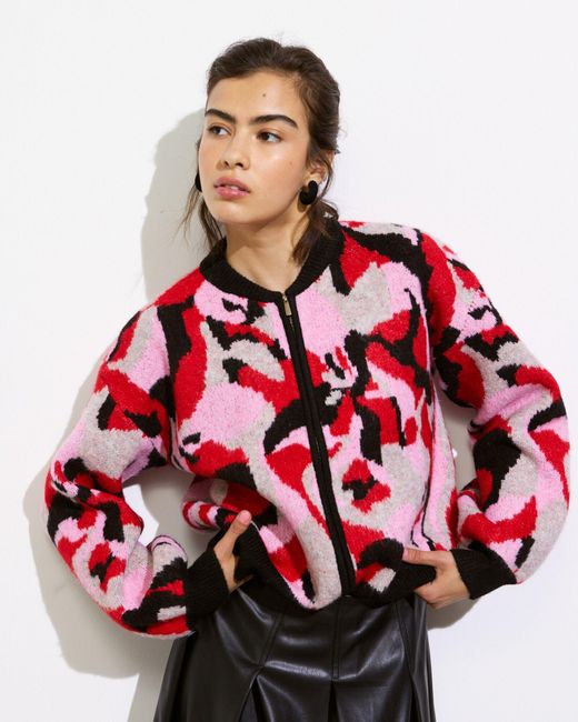 Oliver Bonas & Red Abstract Knitted Bomber Jacket, Size 6