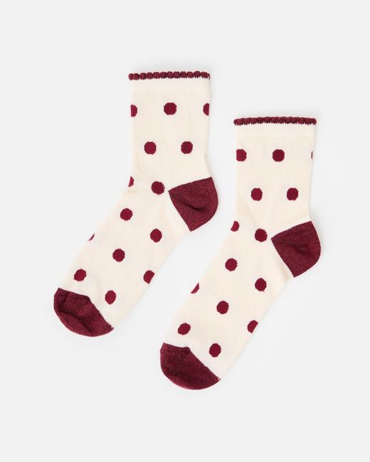 Oliver Bonas White Cream & Burgundy Polka Dot Ankle Socks