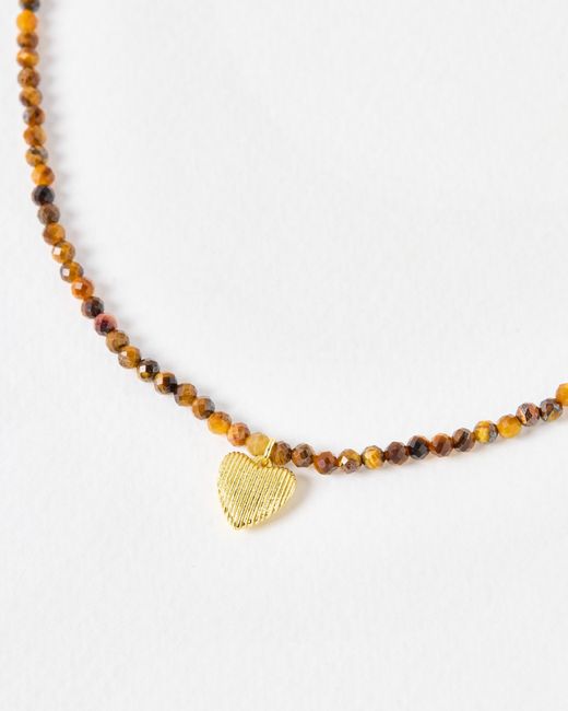 Oliver Bonas White Hestia Tiger's Eye & Engraved Heart Charm Beaded Pendant Necklace