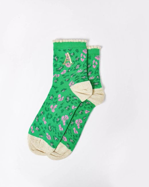 Oliver Bonas Green Leopard Alphabet Ankle Socks