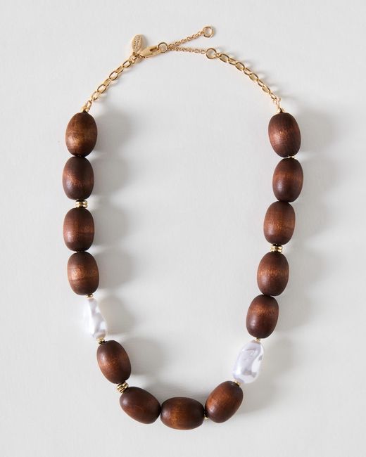 Oliver Bonas White Kaia Wooden Beads & Faux Pearl Chunky Necklace