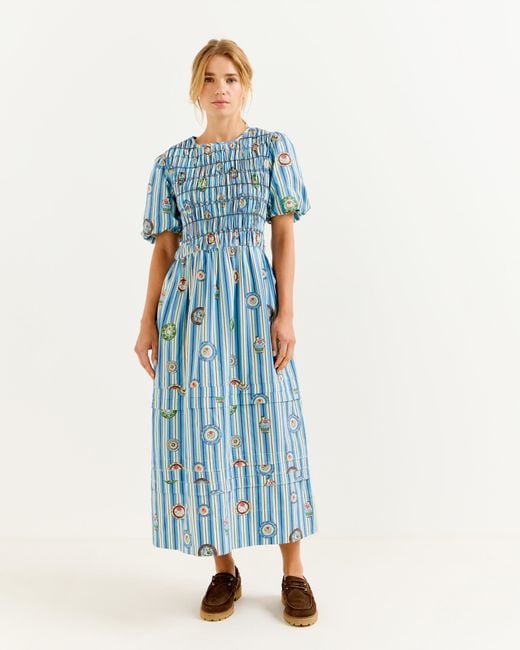 Oliver Bonas Blue Striped Plate Print Shirred Bodice Midi Dress, Size 10