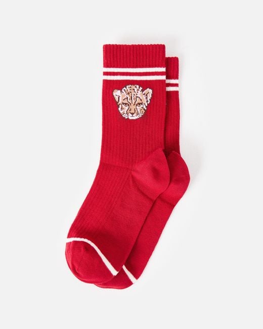 Oliver Bonas Red Cheetah Ribbed Sporty Ankle Socks