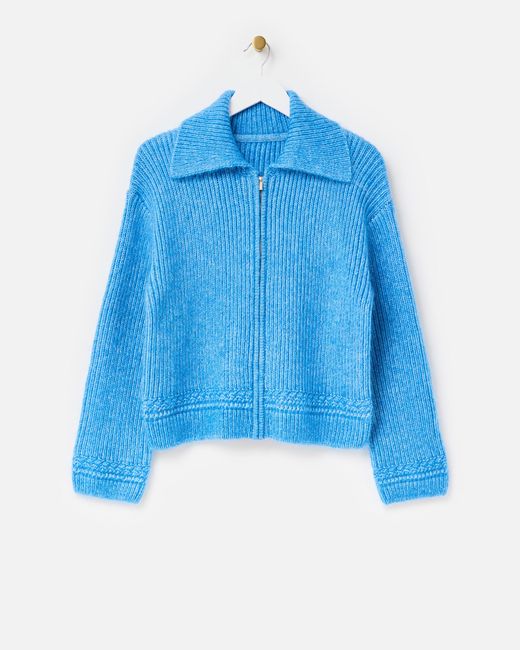 Oliver Bonas Blue Ribbed Collared Zip Up Knitted Cardigan, Size 6