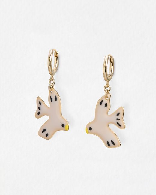 Oliver Bonas Natural Idalie Enamel Bird Charm Huggie Earrings