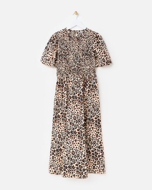 Oliver Bonas Natural Leopard Print Shirred Bodice Puff Sleeve Midi Dress, Size 6