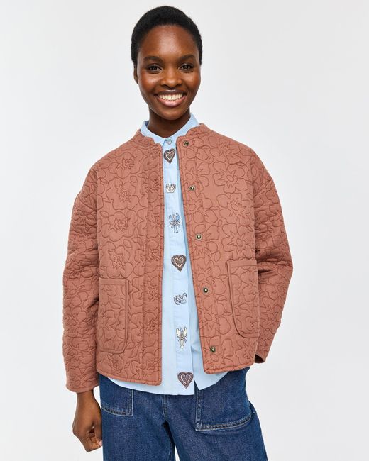 Oliver Bonas Blue Mocha Brown Floral Quilted Jacket, Size 6