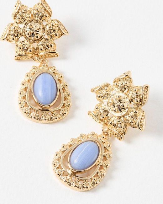 Oliver Bonas White Delphi Gold Flower & Stone Drop Earrings