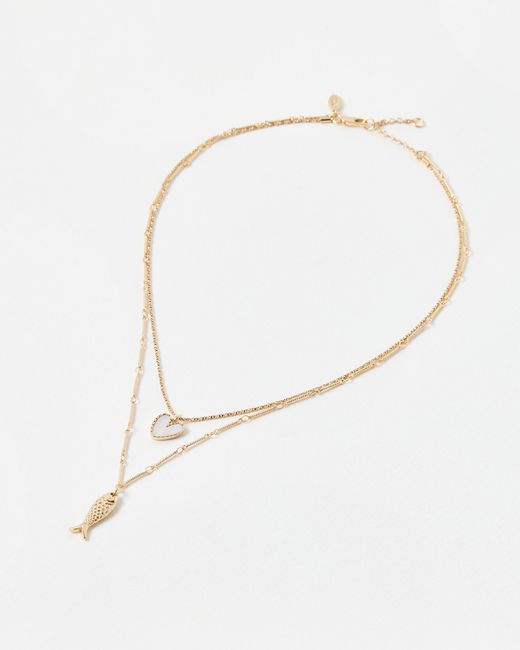 Oliver Bonas White Ansel Heart & Fish Pendant Layered Chain Necklace