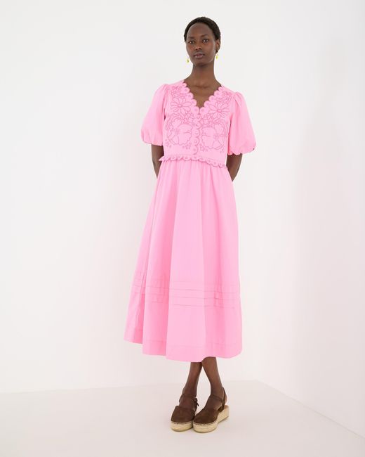 Oliver Bonas Pink Floral Embroidered Puff Sleeve Midi Dress, Size 10