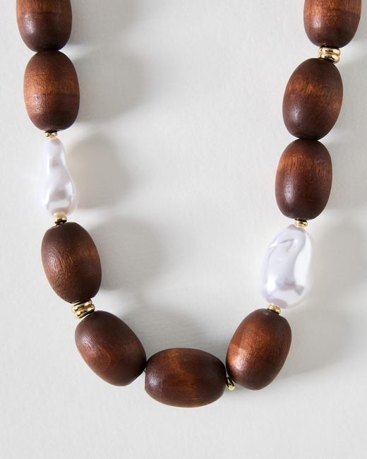 Oliver Bonas White Kaia Wooden Beads & Faux Pearl Chunky Necklace