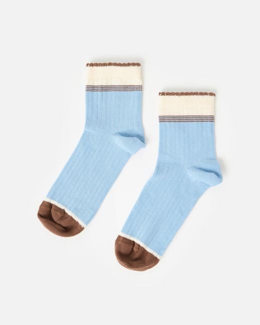 Oliver Bonas Blue Light & Brown Ribbed Ankle Socks